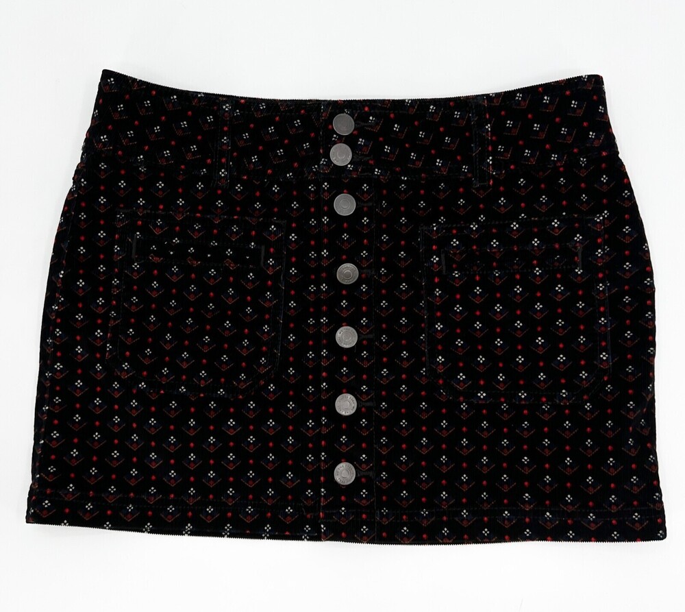 We The Free Skirt Womens 27 Black Red Corduroy Button up A-Line Mini Skirt